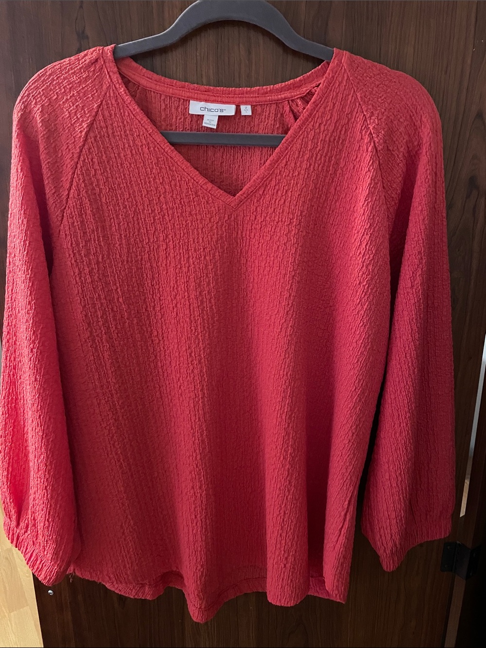 Chico's Textured V-Neck Sweater in Coral Red